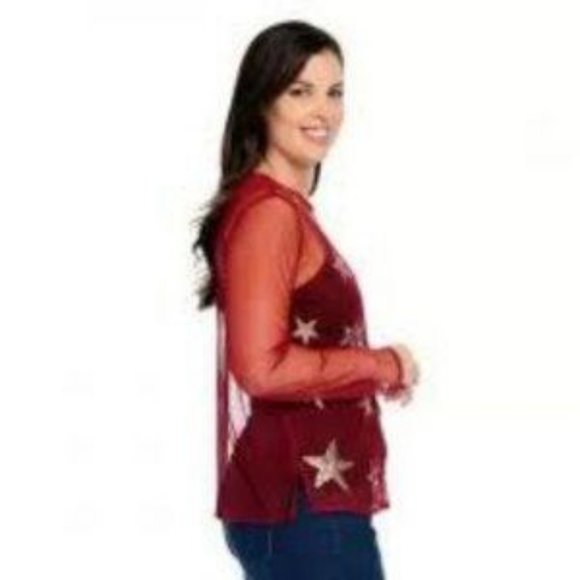 Red Sheer Top Stars Sequins - Picture 2 of 5